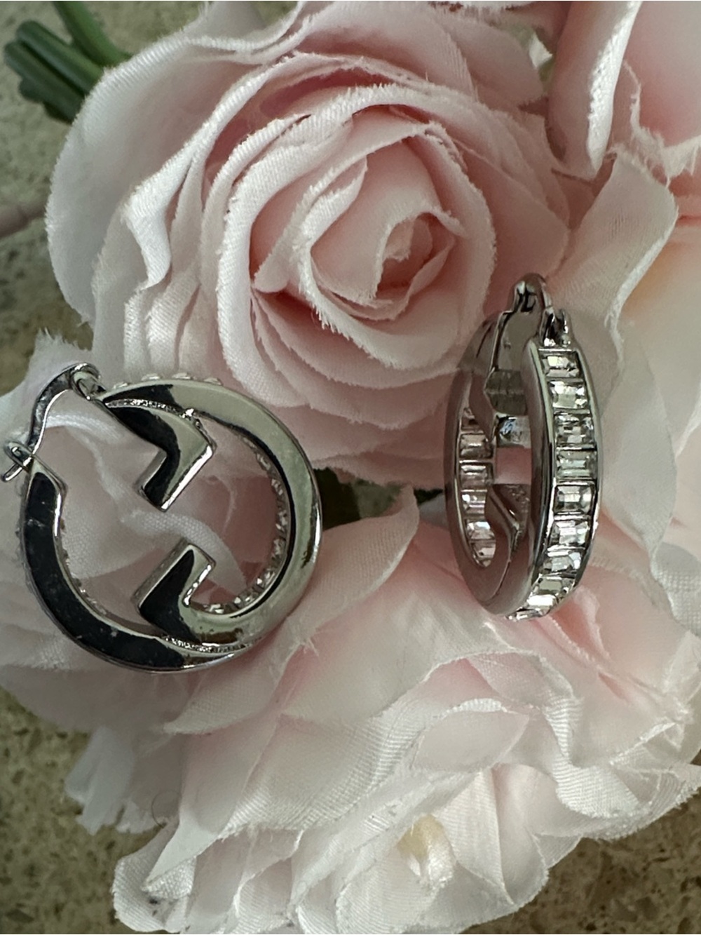 Silver and Rhinestone stamped Hoop Earrings - Women Jewelry